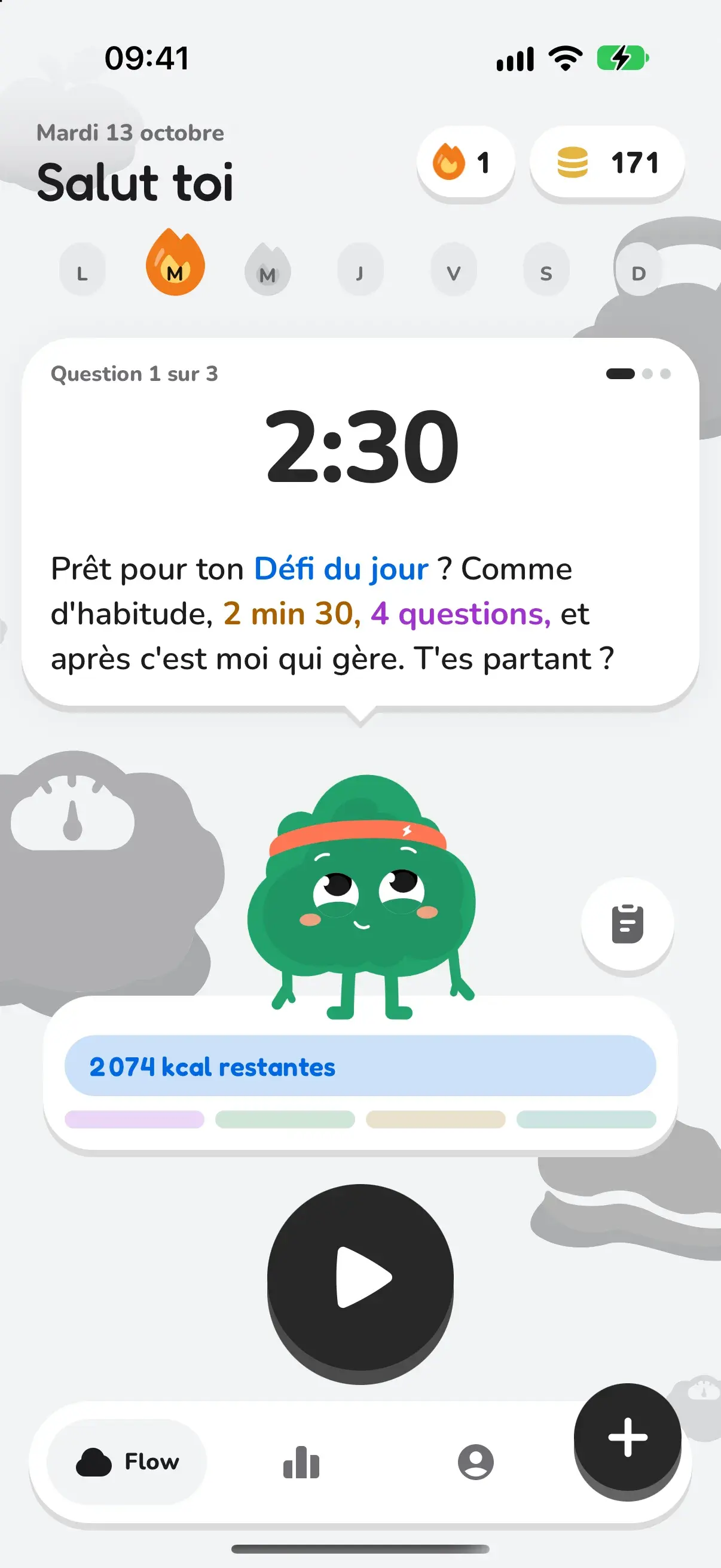 Écran Flow : Flowy propose le défi du jour, la barre des calories et le bouton pour jouer