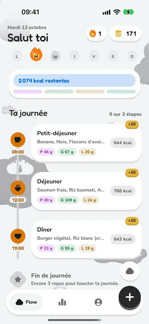 Journal du jour : petit-déjeuner, déjeuner et dîner avec leurs macros