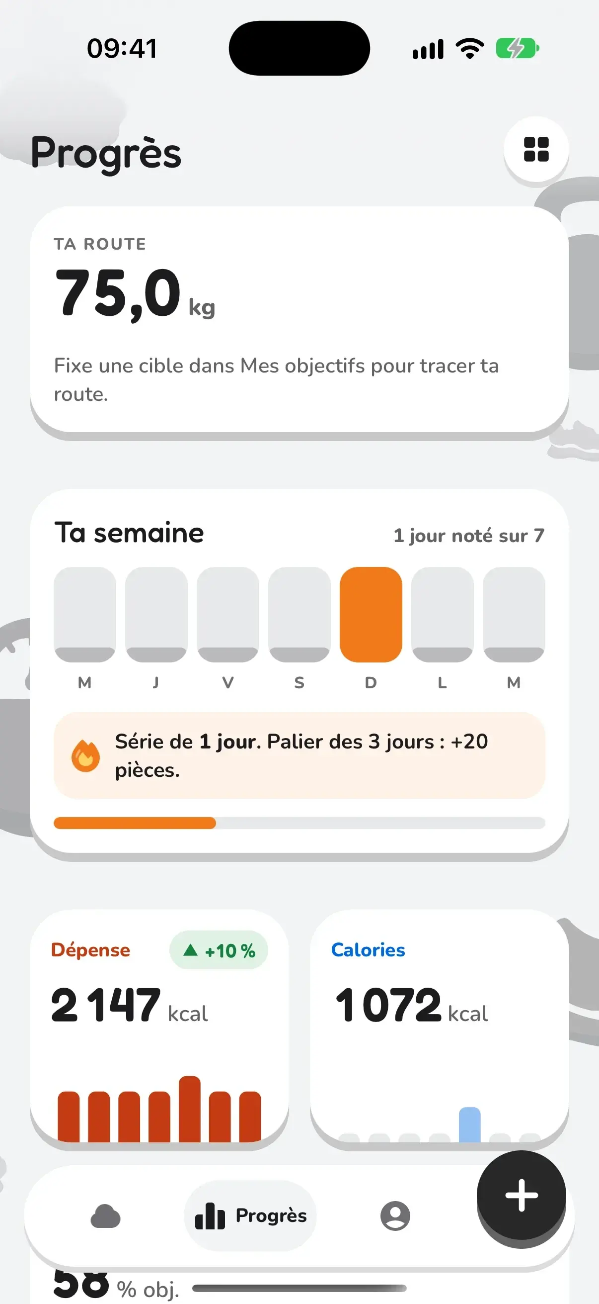 Onglet Progrès : poids, semaine notée, dépense et calories