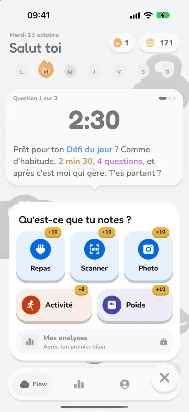 Menu du + : repas, scanner, photo, activité et poids, avec leurs pièces