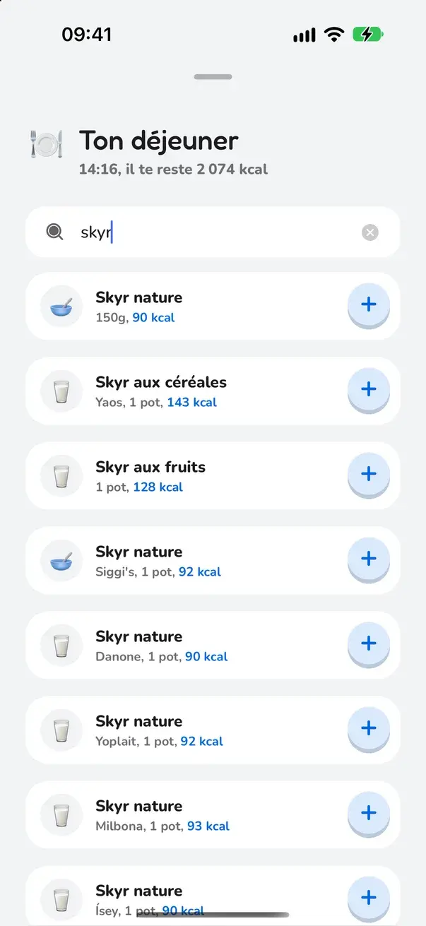Recherche d'un aliment : les skyrs et leurs calories
