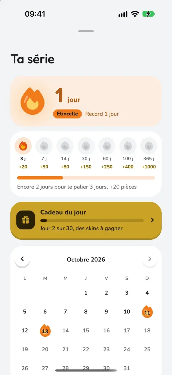 Série : la flamme, les paliers et le cadeau du jour