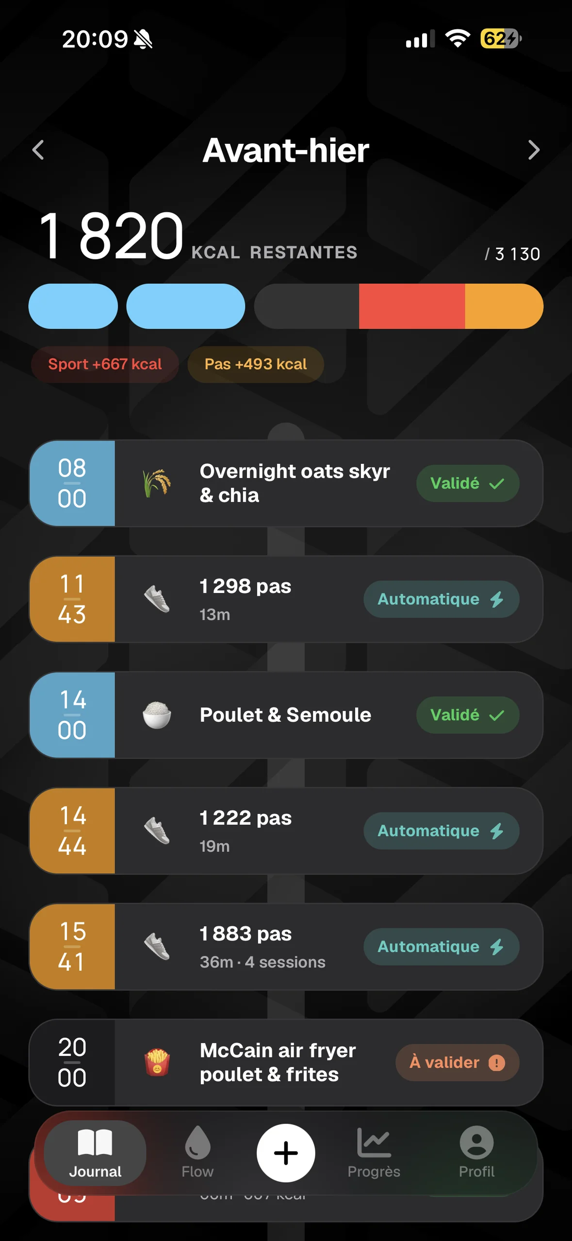 FormaFlow, journal du jour avec calories, repas et activités